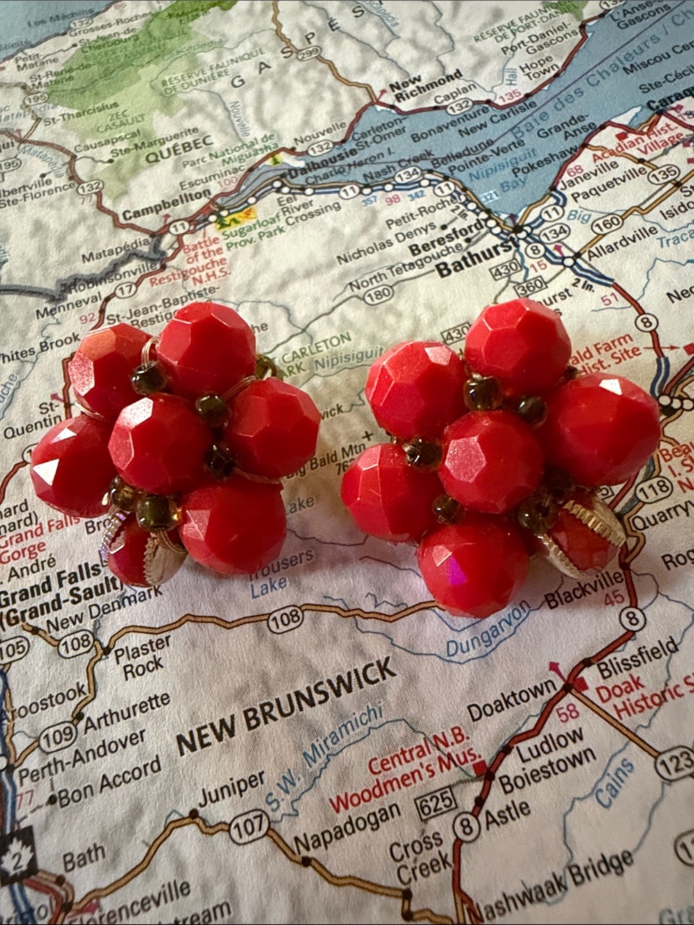 Vintage Cluster Bead Clip-On Earrings - Bright Red Faceted Beads - W Germany